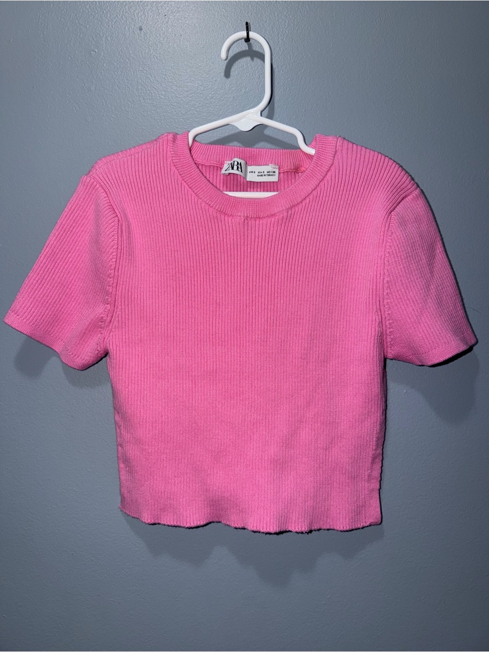 Zara Girls Ribbed Short Sleeve Top - Bright Pink